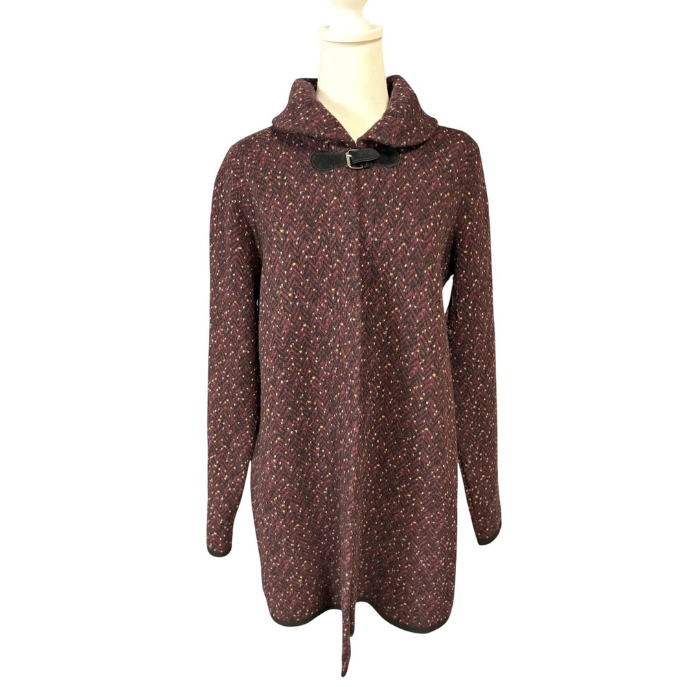 A. IDA Cardigan Sweater Womens L Red Wool Herringbone Cowl Neck Buckle Italy